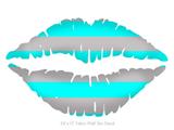 Psycho Stripes Neon Teal and Gray - Kissing Lips Fabric Wall Skin Decal measures 24x15 inches