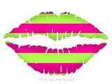 Psycho Stripes Neon Green and Hot Pink - Kissing Lips Fabric Wall Skin Decal measures 24x15 inches